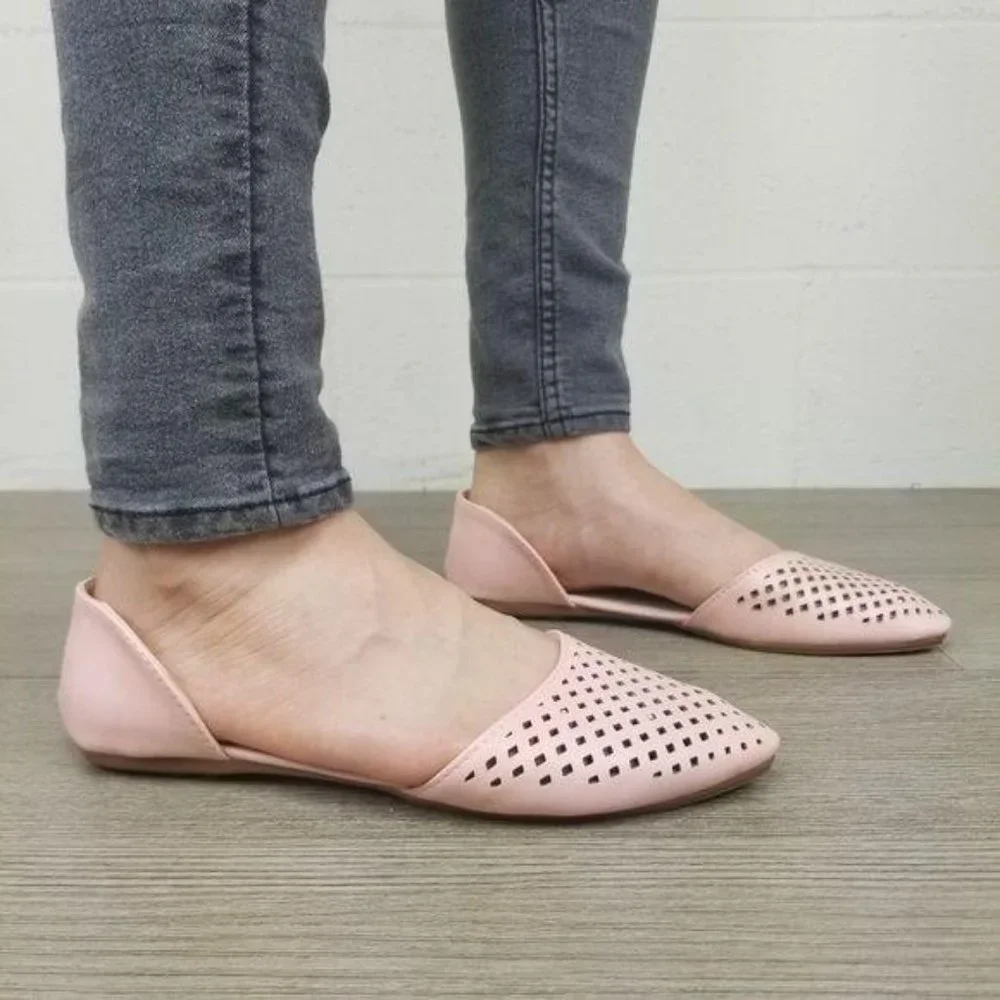 Pointed Toe Perforated Faux Leather Pink Flats - Picture 6 of 8